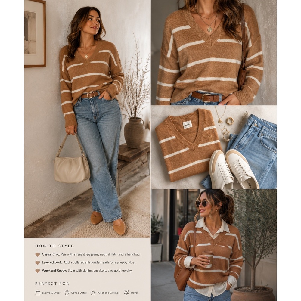 Aerie Striped V-Neck Sweater Brown White Oversized Knit XS
